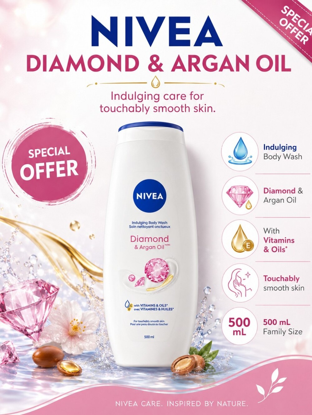 💙 NIVEA Diamond & Argan Oil Body Wash - White with Pink Accents